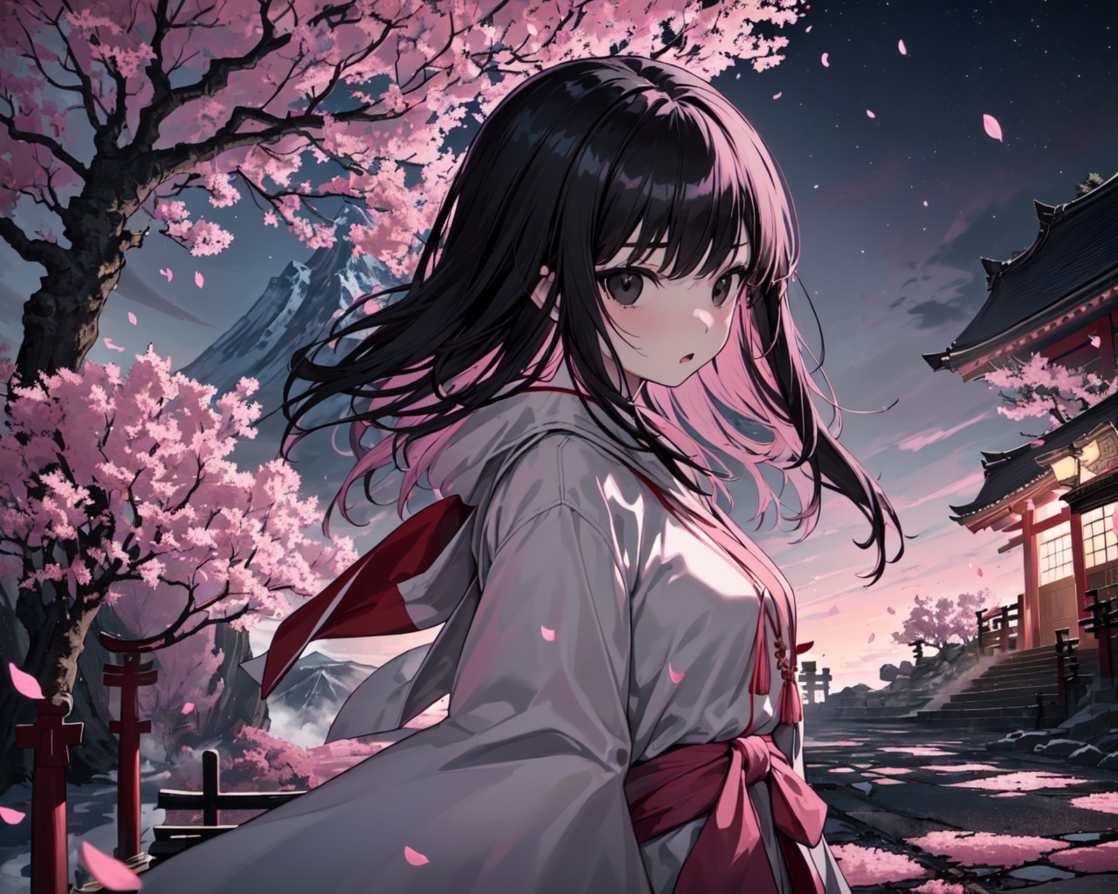 (best quality, masterpiece),(1girl, miko, coat, expression face, black eyes, looking at front ,black hair, walking, upper ...