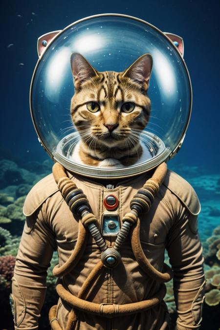 (cinematic, perfect quality:1.3), a portrait of (animal, cute cat:1.3), <lora:SpaceKnights5:0.3> javanese transparent ancient helmet,  <lora:spacesuit3:0.5> javanese ancient spacesuit,  <lora:ocean2:0.3> cyberpunk ocean background, sea, fish, corals