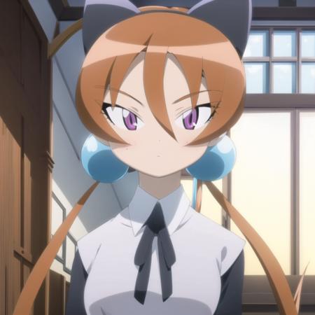 (masterpiece), (best quality), <lora:artkoikoi_AlisaSoutherncross_Keroro:1>, alisa_southerncross, 1girl, solo, long_hair, hair_ornament, animal_ears, hair_between_eyes, twintails, purple_eyes, cat_ears, orange_hair, hair_bobbles