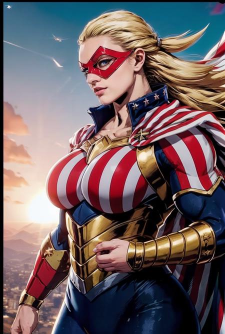 masterpiece, highly detailed skin, hdr, 8k, best quality, high quality, highres, solo, looking_at_viewer, 
ANIME_CathleenBate_MyHero_ownwaifu, www.ownwaifu.com, 
blonde hair, long hair, breasts, blue eyes, large breasts, muscular, muscular female, floating hair, domino mask, mask, tall female, 
superhero, cape, striped, bodysuit, gloves, vertical stripes, flag print, star \(symbol\), american flag print, armor, 
<lora:ANIME_CathleenBate_MyHero_ownwaifu-15:0.7> , 
vibrant, fantasy, detailed, epic, heroic, cinematic photo undefined, 35mm photograph, film, bokeh, professional, 4k, highly detailed