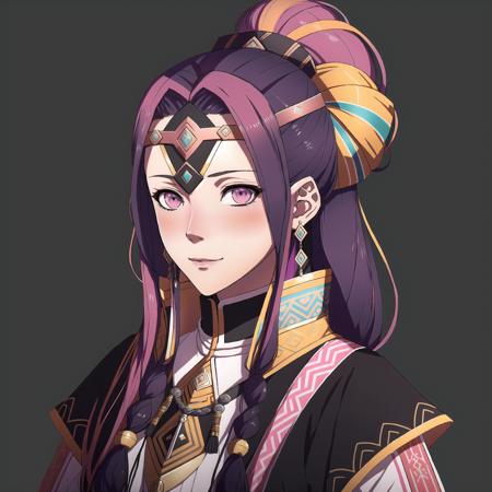 FE16, Fire Emblem, Fire Emblem Three Houses, Fire Emblem Warriors Three Hopes, simple background, grey background, light top left, 1 Girl, Nehru Jacket, 1Girl, Teenager, Mature, Absurdly Long Hair, Double Bun, Multicolored Hair, Black Hair, Pink Hair, (Happy:1.3), (Young|Older|Aged Up:1.2)