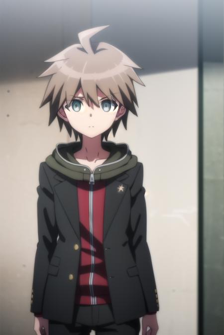 makotonaegi, <lora:makoto naegi s1-lora-nochekaiser:1>,
makoto naegi, short hair, bangs, brown hair, hair between eyes, (brown eyes:1.3), ahoge, male focus,
BREAK long sleeves, collarbone, jacket, black jacket, hoodie, hood down, green hoodie,
BREAK outdoors, classroom,
BREAK looking at viewer, (cowboy shot:1.5),
BREAK <lyco:GoodHands-beta2:1>, (masterpiece:1.2), best quality, high resolution, unity 8k wallpaper, (illustration:0.8), (beautiful detailed eyes:1.6), extremely detailed face, perfect lighting, extremely detailed CG, (perfect hands, perfect anatomy),