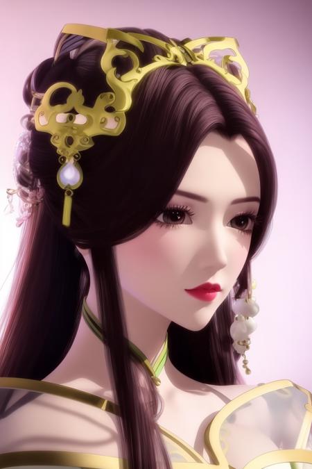 1girl,brown hair,long hair,((yellow hanfu)),(green hair ornament:0.5), 