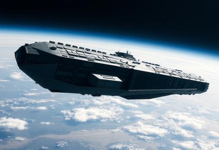 Giant starship floating through space. 1 kilometer long. Comprised of hundreds of uniform cargo containers. A hanger is built into the front half of the ship.  The ship is black and grey with a very austere and angular shape.