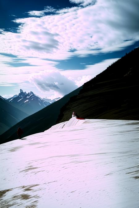 a man standing on a mountain top with a red paint on it , 1girl, solo, standing, white hair, outdoors, sky, day, cloud, cloudy sky, scenery, mountain