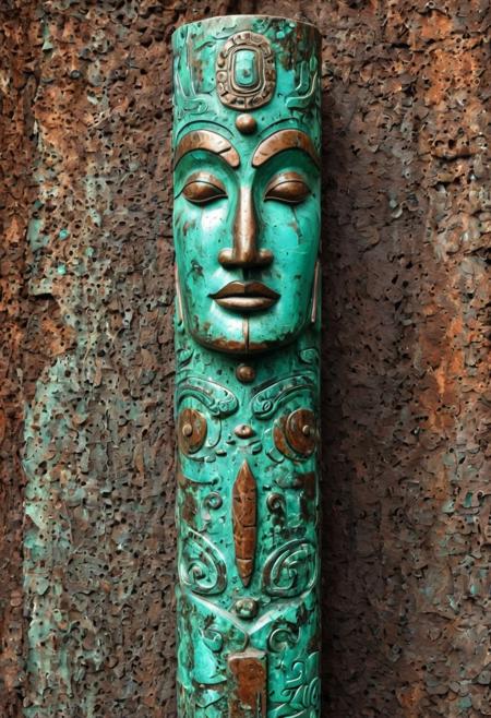 Patina Artifact: Copper Totem
Concept: patina metal skin, pms style, artifact, totem, copper, verdigris, texture, glistening, artistic grit, weathered metal, sleek, polished, bold.
Core Elements: totem figure, body transformed into metal, copper and verdigris textures, subtle glow, ancient symbols.
Atmosphere/Mood: ancient, mystical, robust, elegant, gritty, timeless, powerful.
Setting Details: a towering, ancient totem, its entire form rendered in metal, standing in a desolate, forgotten landscape. No human presence.
Central Figure Details: totem. Its surface appears as hammered copper, streaked with vibrant verdigris patina. Ancient symbols and carvings are etched into its metallic skin, subtly highlighted by a polished sheen. Glistens with artistic grit, embodying weathered elegance, unyieldingly bold, a relic of metal skin.
Lighting: soft, ambient light, highlighting textures. Subtle glints off polished surfaces. Emphasizes metallic sheen, depth of patina.
Composition: portrait, imposing stance, central focus on the totem. Shows intricate metallic details.
Color Palette: dominant coppery browns, vibrant greens of verdigris. Accents of polished brass, dark shadows. Rich, earthy, metallic.
Quality: patina metal skin, pms style, photorealistic, ultra detailed, artistic, visually striking, hyperrealistic, weathered metal, totem.