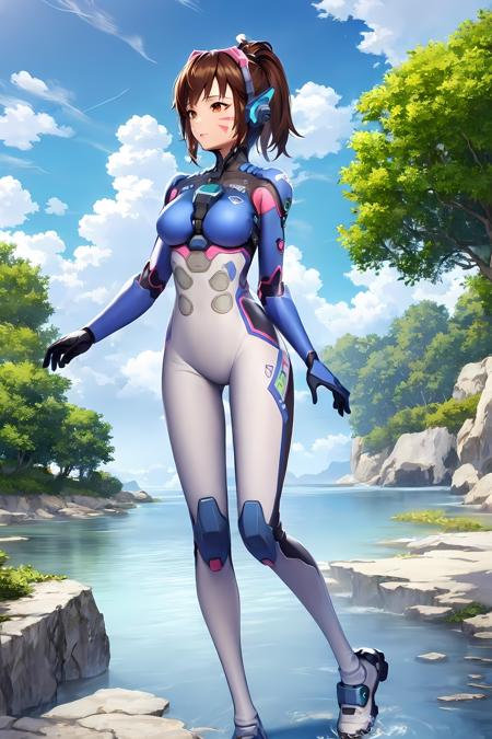 gloves，white shoes，headphones，bunny print，ponytail，writing clothes，white armor，bodysuit，facial mark，pink hairband，brown hair，brown eyes，robot，pilot suit，swept bangs