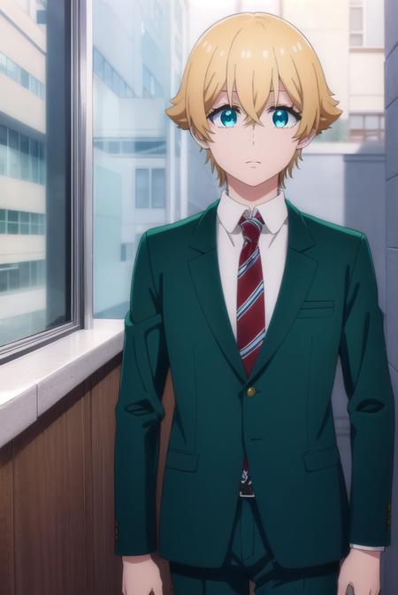 kousukemisaki, <lora:kousuke misaki s1-lora-nochekaiser:1>,
kousuke misaki, short hair, blue eyes, blonde hair, hair between eyes, male focus,
BREAK shirt, long sleeves, school uniform, jacket, white shirt, open clothes, necktie, collared shirt, pants, open jacket, black pants, blazer, red necktie, (green jacket:1.5), brown pants,
BREAK indoors, classroom,
BREAK looking at viewer, (cowboy shot:1.5),
BREAK <lyco:GoodHands-beta2:1>, (masterpiece:1.2), best quality, high resolution, unity 8k wallpaper, (illustration:0.8), (beautiful detailed eyes:1.6), extremely detailed face, perfect lighting, extremely detailed CG, (perfect hands, perfect anatomy),