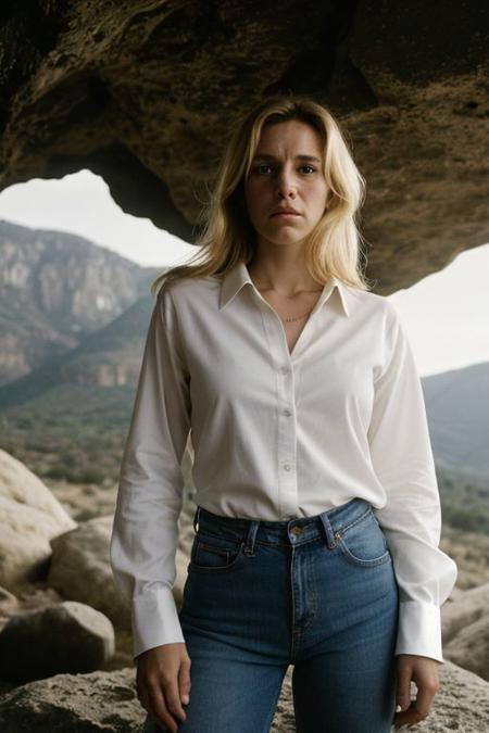photograph of a woman, (troubled facial expression:1.1), textured skin, goosebumps, (blonde hair:1.2), (unbuttoned white shirt:1.2), distressed boyfriend jeans, long sleeves, (candlelight,chiaroscuro:1.1), cowboy shot, dark and mysterious cave with unique rock formations and hidden wonders, perfect eyes, Porta 160 color, shot on ARRI ALEXA 65, bokeh, sharp focus on subject, shot by Don McCullin