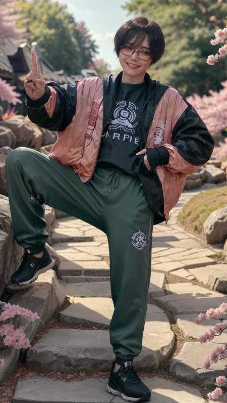 ikunak2023, 8k, uhd, best quality, masterpiece, cinematic lighting, 1girl, glasses, baggy jacket, smile, peace sign, kawaii, in Japanese garden, cherry blossoms, skin pores, detailes face, detailed eyes, photorealistic, karate pose, vibrant colors, baggy pants