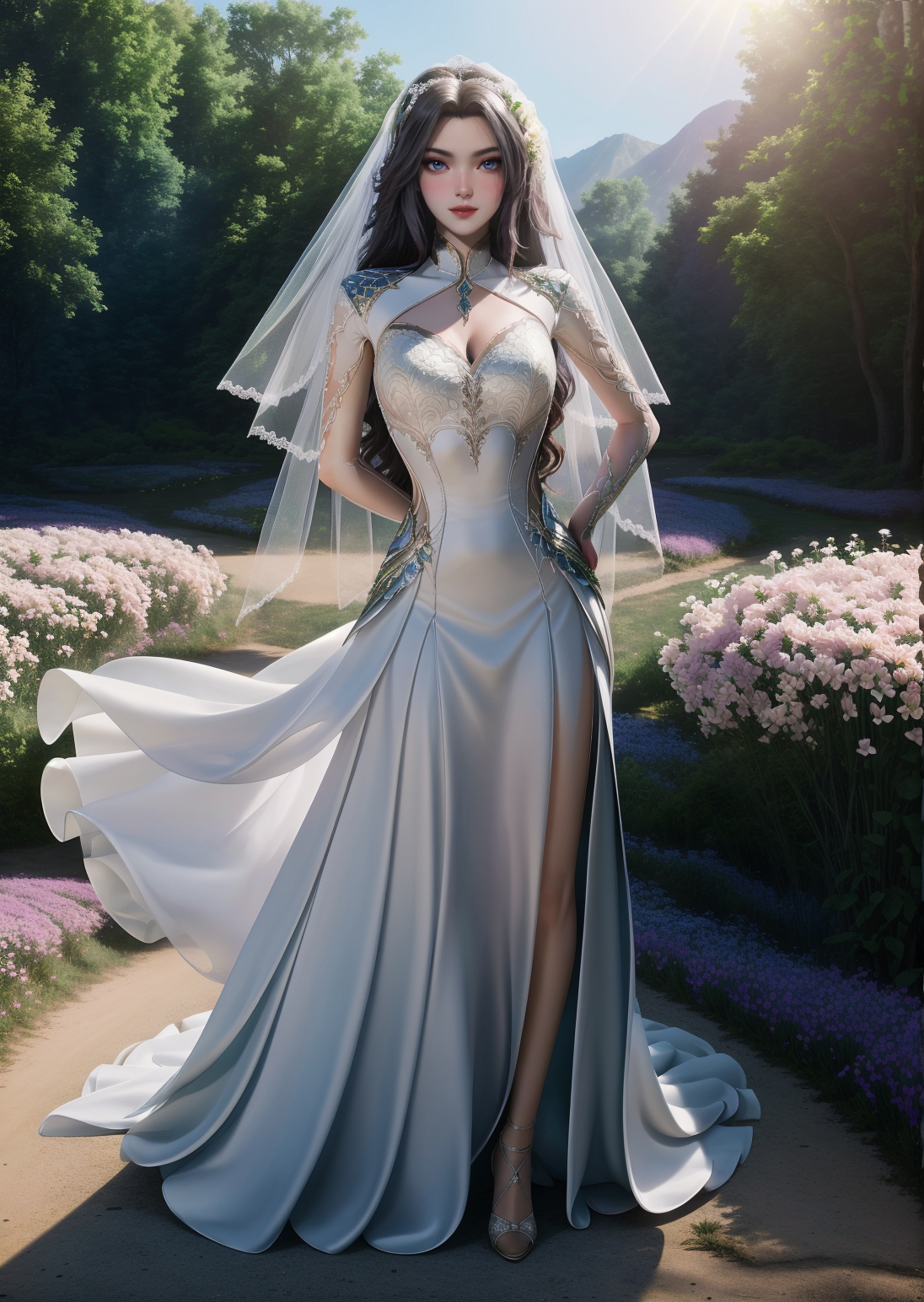 00323-3395086448-1girl,solo,long-hair,grey-eyes,light-blush,bridal-veil,(wedding-dress),wedding,high-heels,(arms-behind-back),full-body,outdoors,.jpg