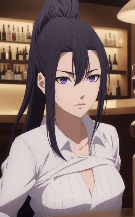 anime, lixu, a woman with long black ponytail hair, three front hair strands, purple eyes, a white one-piece outfit, at the bar, 8k, unreal engine, octane render, by kyun, gamang, Yoon Gon-Ji, g.ho, gosonjak, shuroop, serious, domi, noah, trending on pixiv, fanbox, skeb, masterpiece, smooth soft skin, big dreamy eyes, beautiful intricate colored hair, symmetrical, anime wide eyes, soft lighting, concept art, digital painting, <lora:lixu:0.4>