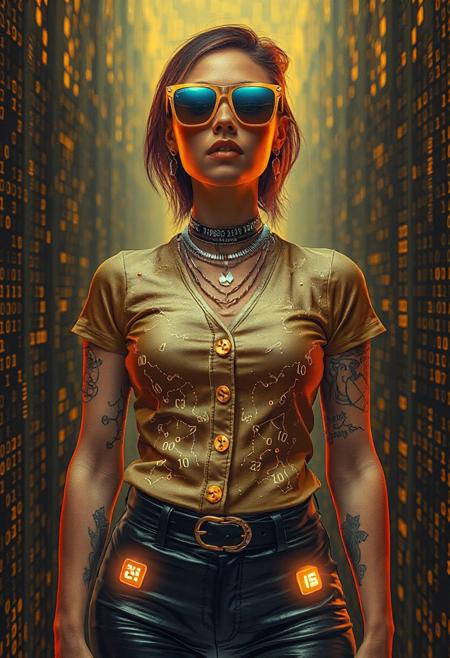 A cybernetic labyrinth filled with scrolling code streams. The woman’s gold-buttoned top is embroidered with pixel-art constellations, while her leather pants pulse with embedded LED circuits. Her sunglasses reflect strings of binary, and the layered necklace projects holographic runes. The background is a grid of shifting yellow and orange pixels, creating an immersive tech maze. Syd Mead’s digital minimalism collides with Rolf Armstrong’s retro-futuristic charm: glowing tattoos on her arms, a wink directed at the viewer, and a vibrant skin tone. Add flickering code trails and glitch effects.  Pixel constellations, LED circuits, binary reflections, holographic runes, glitch effects.