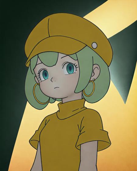 1girl, aqua eyes, baseball cap, blonde hair, closed mouth, earrings, green background, hat, hoop earrings, jewelry, looking at viewer, shirt, short hair, simple background, solo, upper body, yellow shirt, best quality, absurdres, highres, (original), (extremely detailed wallpaper), 8k, (color), (trending on artstation, cgsociety, pixiv:0.65), highly detailed, (coherent:1.5), (beautiful composition:1.2),  (dynamic lighting), (intricate:1.1), (symmetrical:0.5), (hd:1.25), (masterpiece:0.9), [sunbeam, light_rays], blurry_background, depth of field,
 <lora:darknoiseOffset:0.75> <lora:kaibanime:0.6>