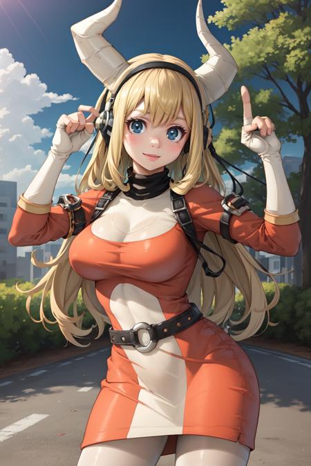 Tsunotori, 1girl, solo, long hair, blonde hair, horns, blue eyes, large breasts, looking at viewer, smile, bangs, closed mouth, belt, breasts, dress, gloves, fingerless gloves, hairband, cowboy shot, standing, shirt, cleavage, headphones, pantyhose, white pantyhose, black hairband, two-tones dress, outdoors, sky, clouds, trees, bushses, buildings, school,  
BREAK
masterpiece, best quality, highly detailed background, perfect lightingbest quality ((shiny skin, glossy skin, detailed skin))
 <lora:Tsunotori:0.8>