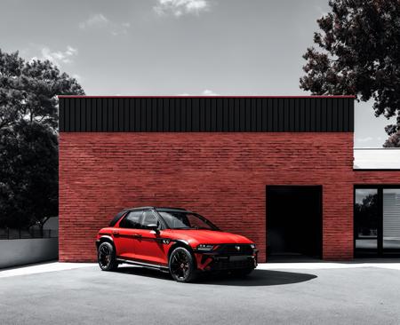 (raw photography:1.2), there is a red brick building with a black roof and a white car parked in front of it, a digital rendering inspired by Peter Zumthor, featured on cg society, brutalism, architectural magazine, architecture magazine, architecture digest, <lora:Archiveria_yiu_v30:0.7>