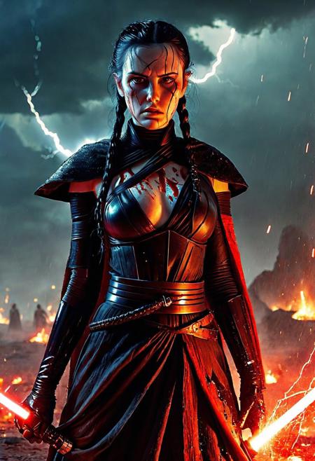 A beautiful Dark Sith lord with braided black hair stands defiantly amidst a raging storm on a desolate battlefield. Her Sith robe are intricately detailed and reflect the flickering light of distant fires, Star Wars style, The light of battle illuminates her determined expression as she prepares to face the dark enemy, holding the Red Lightsaber in his hand, Close up. Star Wars art style, Standing on a battlefield at the head of an army of Dark Siths, where a bloody slaughter is taking place, standing in battle pose, cinematic lightning, intricately detailed black and red Sith robe, The scene is reminiscent of a Greg Rutkowski concept art piece, realistic pale freckled face covered in blood, with dramatic lighting and a dark, curvy, looking at viewer, gritty atmosphere, Ultra-detailed, Raytracing reflections, High contrast, beautiful Dark Sith lord, beautiful firm body, girl athletic figure, (the pale face is very similar to Wednesday: 1.6), oranges, and greens, attractive 21 years old woman, cinematic lightning, Cinematic film still, Medium shot. Best quality, Masterpiece, The scene is reminiscent of a Greg Rutkowski concept art piece, realistic pale freckled face covered in blood, with dramatic lighting and a dark, gritty atmosphere, asymmetrical balance