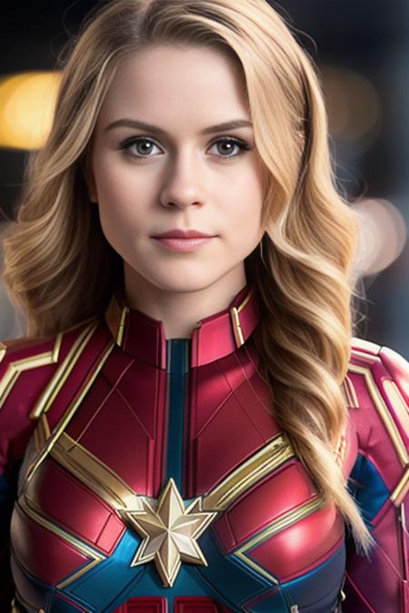 photo of a 3r1nM0r1art72, 3/4 shot,Captain Marvel Costume, detailed face, intricate, elegant, sharp focus, photo by, soft lighting, bokeh blur, vibrant colors, masterpiece, detailed face, beautiful ,
