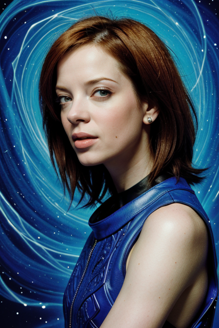 ShirleyManson, by Marc Samson, (blue, techwear fashion but extremely beautiful:1.4), (intricate details, masterpiece, best quality:1.4), in the style of Nicola Samori, DMT Art Style, bright colors, surreal visuals, swirling patterns, dark swirling background, DMT art style, perfect face, looking at viewer