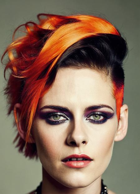 analog style, modelshoot style, portrait of sks woman by Flora Borsi, style by Flora Borsi, bold, bright colours, orange Mohawk haircut, ((Flora Borsi)), <lora:locon_kristenstewart_v1_from_v1_64_32:1.3>