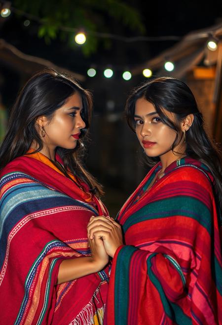 in a small Central American village, Friday night, drunk men lay about, two beautiful women, 18yo, wearing multicolored Guatemalan serapes, shyly holding hands, close up on women faces and hands