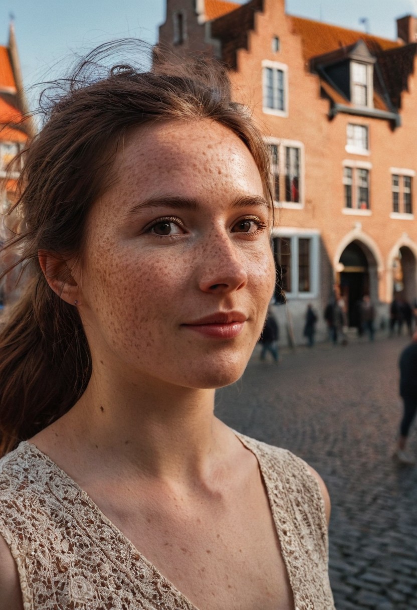 A beautiful 35mm photo of a 30 year old Dutch woman, ((perfect dress)), ((full body:1.2)), she has a comely face, shy smile, in love, pale skin, very dark eyes, chocolate brown hair, straight hair, 70's fringe, ponytail, beautiful mouth, long face, narrow chin, freckles on nose, birthmarks on stomach, she is slim, natural tits, perfectly shaped tits, pubic hair, ultra realistic, extremely detailed, highly detailed eyes, realistic eyes, highly detailed skin, realistic skin, walking the streets of Bruges, happy, beautiful sky, soft natural light, golden hour light, perfect light, Rembrandt style light, 8k resolution, masterpiece, 35mm, Hasselblad, film grain, (ultra high res:1.2),(photo-realistic:1.3) (skin pores:1.1)