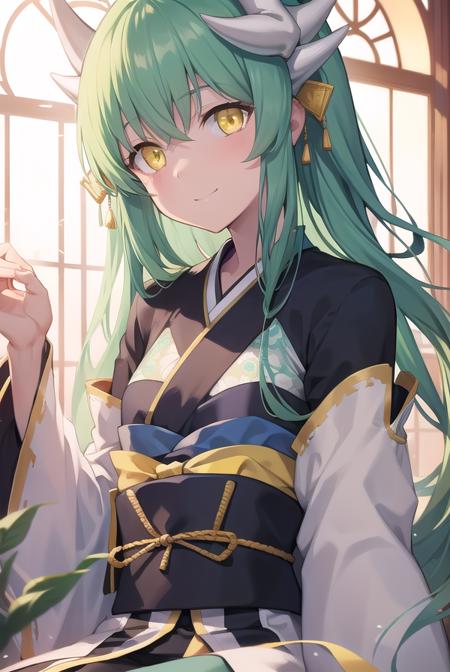 kiyohime, <lyco:kiyohime-lyco-nochekaiser:1>,
kiyohime, green hair, dragon girl, dragon horns, horns, long hair, (yellow eyes:1.5), smile, (small breast:1.2),
BREAK japanese clothes, obi, sash, thighhighs, wide sleeves, yukata,
BREAK looking at viewer,
BREAK indoors,
BREAK <lyco:GoodHands-beta2:1>, (masterpiece:1.2), best quality, high resolution, unity 8k wallpaper, (illustration:0.8), (beautiful detailed eyes:1.6), extremely detailed face, perfect lighting, extremely detailed CG, (perfect hands, perfect anatomy),