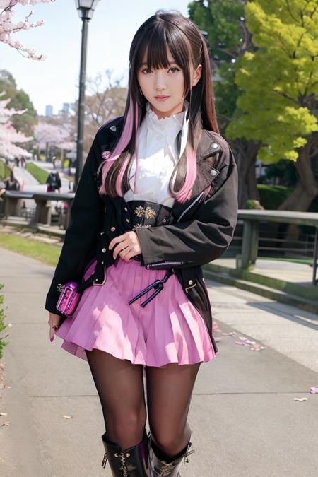 1girl, jacket, shock pink skirt, (black tights), (black pantyhose), short boots,  lips, lipstick, realistic,  solo, standing, best quality, photorealistic, masterpiece, 8k, high res, solo, (((woman))), (medium breast), ((looking at the viewer)), (looking at the camera), (long hair), (professional lighting, bokeh),top angle view, extremely detailed face, fashionable and trendy atmosphere, japan, street, park, river, bridge,  sakura, sakura blossom, ((daytime)), (portrait:0.6), seductive smile, gorgeous, floating hair, (light particles, lens flare, glowing particles:0.6), (dynamic pose:1.2), soft lighting, brown hair, full body, narrow face, smile,  mask, japanese, gothic, heterochromia eye, purple left eye, blue right eye, beroba, uniform, black hair with highlight, nail_polish, pink_nails,  <lora:Beroba:0.8>