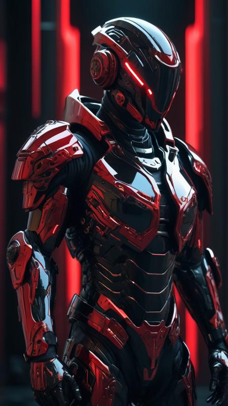 Police sci-fi in cybernetic black and red armor, reflection mapping, intricate design and details, dramatic lighting, photorealistic, cinematic, 8k