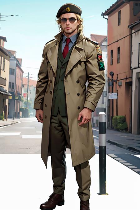 Kazuhira Miller,  blue eyes,  blond hair,  stubble,  wore aviator sunglasses,  white collared shirt,  green suit with a red tie,  khaki trench coat,  black beret,  fit body,  handsome,  charming,  alluring,  intense gaze,  (standing),  (full body in frame),  perfect light,  only1 image,  perfect anatomy,  perfect proportions,  perfect perspective,  8k,  HQ,  (best quality:1.2,  hyperrealistic:1.2,  photorealistic:1.2,  madly detailed CG unity 8k wallpaper:1.2,  masterpiece:1.2,  madly detailed photo:1.2),  (hyper-realistic lifelike texture:1.2,  realistic eyes:1.2),  picture-perfect face,  perfect eye pupil,  detailed eyes,  realistic,  HD,  UHD,  front view,<lora:EMS-498-EMS:0.100000>,<lora:EMS-264989-EMS:0.600000>