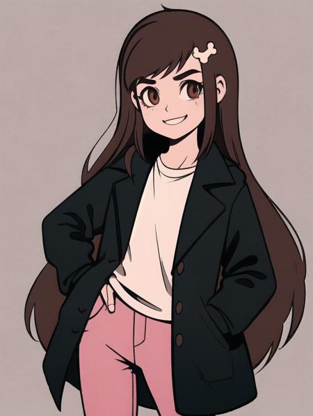 1girl, mariposa diaz, very long hair, brown hair, black coat, white shirt, bone hair ornament, smile, pink pants, hand in pocket,