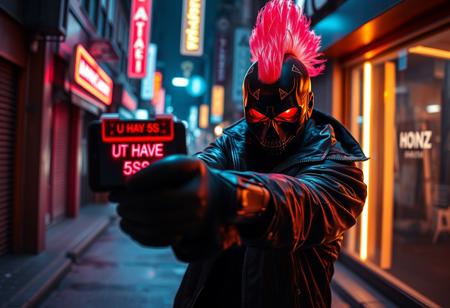 Cyberpunk criminal with glowing red glass fiber mohawk and black skull mask, glowing red eyes, black leather coat, in cyberpunk street alley, aiming gun at viewer showing futuristic ipad with neon text on it "U HAVE 5S TO GIVE ME UR BUZZ", neon lights, night, wet asphalt