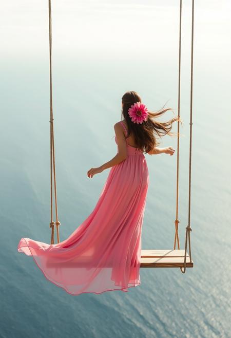 A serene and surreal scene featuring a woman standing on a swing suspended high above the vast, empty ocean.  The woman is dressed in an elegant, flowing pink dress with a dahlia flower in their open long hair, adding a touch of vibrant color against the calm blue backdrop of the sea and sunny, warm sky.  The dress is long and flowing in the wind.