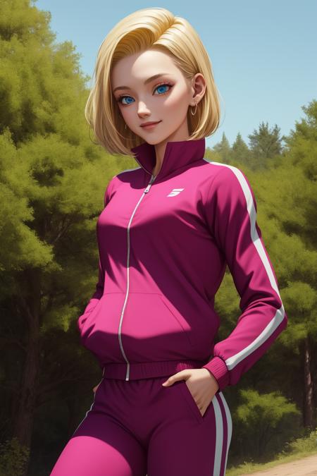 android18, 1girl, solo, blue eyes, blonde hair, short hair, earrings, track jacket, pink jacket, track suit, long sleeves, track pants, pink pants,