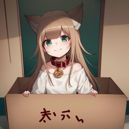 40hara, brown hair, cat girl, 1girl, animal collar, animal ear fluff, box, cardboard box, cat ears, chibi, closed mouth, collar, green eyes, in box, in container, red collar, smile, solo, cyberpunk, metal, glass, high tech, chiaroscuro neon, computers