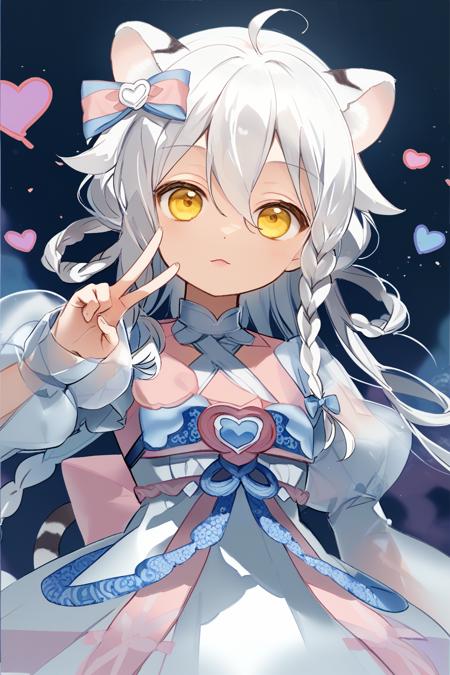 Kohaku Rin,1girl,long hair,yellow eyes,white hair,ahoge,animal ears,bangs,tiger ears,tiger tail,braid,blue footwear,frilled dress,white dress,twin braids,frills,hair between eyes,hair bow,hair rings,puffy long sleeves,see-through sleeves,sleeves past wrists,