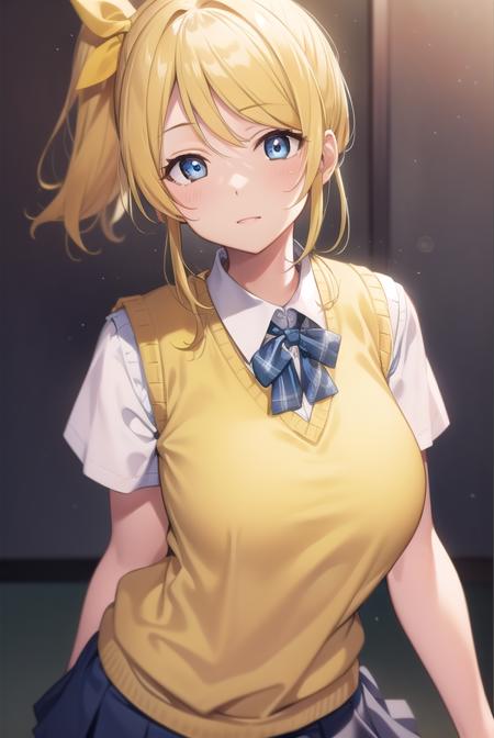 eliayase, <lora:eliayase-lora-nochekaiser:1>, 
eli ayase, yellow hair, blue eyes, ponytail, hair ribbon, 
BREAK otonokizaka school uniform, pleated skirt, school uniform, short sleeves, skirt, summer uniform, sweater vest, (yellow sweater vest:1.5),
BREAK looking at viewer,
BREAK indoors, classroom, 
BREAK <lyco:GoodHands-beta2:1>, (masterpiece:1.2), best quality, high resolution, unity 8k wallpaper, (illustration:0.8), (beautiful detailed eyes:1.6), extremely detailed face, perfect lighting, extremely detailed CG, (perfect hands, perfect anatomy),