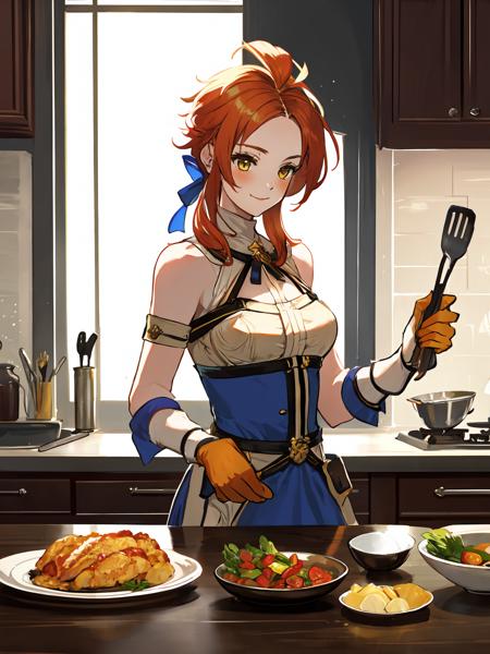 masterpiece,best quality,highres,cinematic lighting,dramatic angle,<lora:ShadowverseMaiser&SelenaV2:0.8>,Selena,1girl,orange hair,ahoge,yellow eyes,bare shoulders,gloves,blue robe,white shirt,breast plate,clothing cutout,suspenders,cooking,fire,smile,in kitchen,from side,holding frying pan,apron