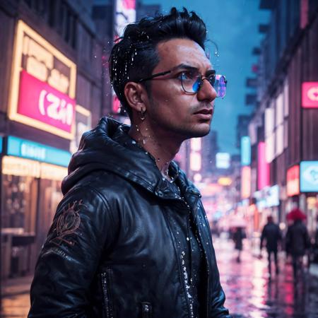 Zizan, a man, cyberpunk city hacker :: neon graffiti, augmented reality black frame glasses, hooded cloak :: rainy night :: Epic cinematic brilliant stunning intricate detailed matte painting, deep color, fantastical, intricate detail, splash screen, complementary colors, fantasy concept art, 8k resolution trending on Artstation, Unreal Engine 5