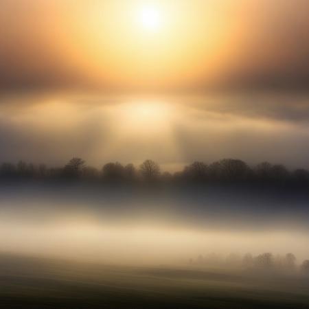 Landscape, rising sun, light ray, fog