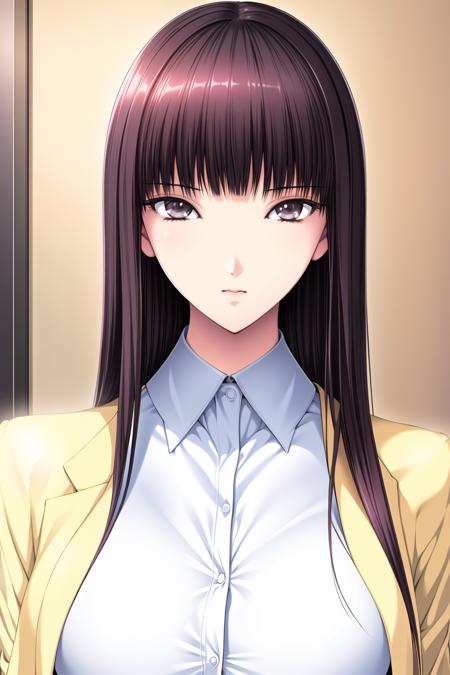 Simple White Background,
Yellow jacket,long sleeves, white shirt, collared shirt,
<lora:Sonobe_Sora_NingenDebris-KK77-V1:0.7>,
Black_Hair,Black_Eyes,blunt bangs, long hair,
<lora:Oda_Non_Style-KK77-V2:0.3>,<lora:more_details:0.1>,
1 girl, 20yo,Young female,Beautiful Finger,Beautiful long legs,Beautiful body,Beautiful Nose,Beautiful character design, perfect eyes, perfect face,expressive eyes,perfect balance,
looking at viewer,(Focus on her face),closed mouth, (innocent_big_eyes:1.0),(Light_Smile:0.3),
official art,extremely detailed CG unity 8k wallpaper, perfect lighting,Colorful, Bright_Front_face_Lighting,White skin,
(masterpiece:1.0),(best_quality:1.0), ultra high res,4K,ultra-detailed,
photography, 8K, HDR, highres, absurdres:1.2, Kodak portra 400, film grain, blurry background, bokeh:1.2, lens flare, (vibrant_color:1.2),professional photograph,
(Beautiful,large_Breasts:1.4), (beautiful_face:1.5),(narrow_waist),