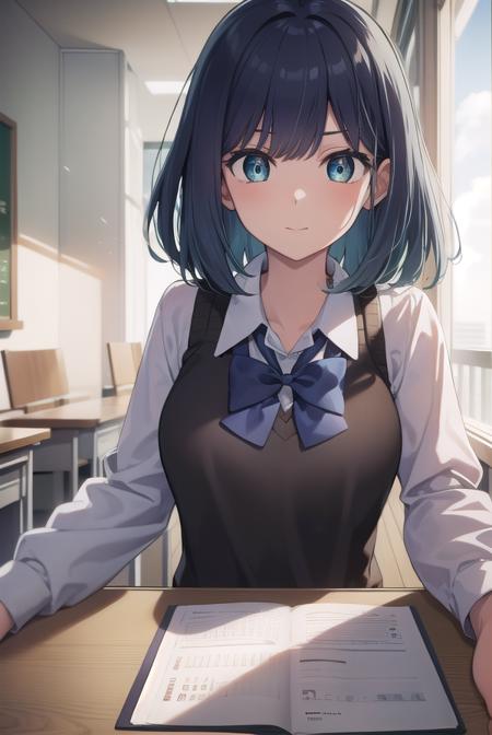 akanekurokawa, <lyco:akanekurokawa-lyco-nochekaiser:1>,
akane kurokawa, aqua eyes, blue hair, medium hair, sidelocks,
BREAK black sweater vest, blue bow, blue bowtie, bow, bowtie, collared shirt, long sleeves, puffy sleeves, school uniform, shirt, sweater vest, white shirt,
BREAK looking at viewer,
BREAK indoors, classroom,
BREAK <lyco:GoodHands-beta2:1>, (masterpiece:1.2), best quality, high resolution, unity 8k wallpaper, (illustration:0.8), (beautiful detailed eyes:1.6), extremely detailed face, perfect lighting, extremely detailed CG, (perfect hands, perfect anatomy),