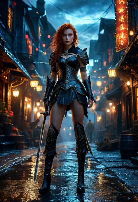 Ultra detailed digital art masterpiece Warrior girl dressed in a Armor, standing in combat pose down the mysterious night street of the big dark fantasy Town, perfect lighting, beautiful Sadie Sink as Warrior girl, attractive woman, elegant, unreal engine 5 nanite quality, mixed with dark elements, dark environment, very dark night, clean dark velour witch clothing, LOTR style, dark washed out eyeliner, no make up, natural bloody face, realistic blue eyes, ultra detailed atmospheric details, beautiful glowing effects, sparkle effects, realistic body proportions, beautiful face proportions, complex masterpiece, wavy red hair, creative glowing detailed tattoos, complex physics, enhanced colors, complimentary colors, ultra detailed raytracing reflections, Ultra detailed complex background, environment feels alive, direct eye contact, dramatic lighting, wet and sweaty skin, beautiful firm Breasts, Concept art portrait by Greg Rutkowski