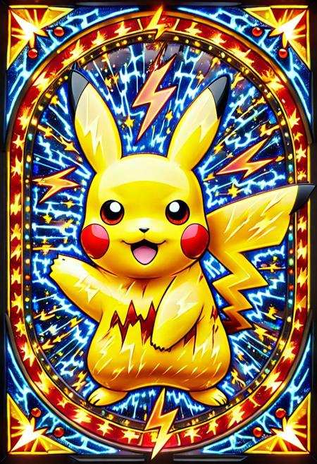 Stained glass illustration, ((novuschroma54 style)), pikachu, fuzed glass pikachu, lightning bolt symbol, electricity, glass lightning bolts, spherical perspective, ultra-wide angle, 4mm fisheye, f1sh3y3,