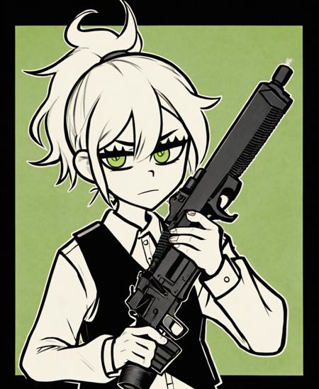 monochrome, tcoaal, 1girl, solo, looking at viewer, shirt, long sleeves, holding, closed mouth, green eyes, yellow eyes, white shirt, upper body, ponytail, weapon, collared shirt, holding weapon, vest, gun, parody, border, black background, holding gun, handgun, meme, black vest, aiming at viewer <lora:the_coffin_of_andy_and_lesley-06:0.8>