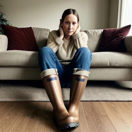 instagram photo of 32 years old woman sitting on couch, wearing dirty wellington boots, focus on boots, view from the floor