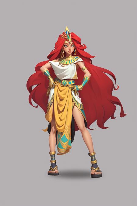 Concept Art,European and American Cartoons,Game Character Design,1 Girl,Solo,Redhead,Long Hair,Jewelry,Earrings,Gray Background,Simple Background,Long Hair,Standing,Full Body,Looking at the Audience,Sandals,Toe Shoes,Metal Gloves,Egyptian Costume Style,<lora:oukaV5:0.8>,