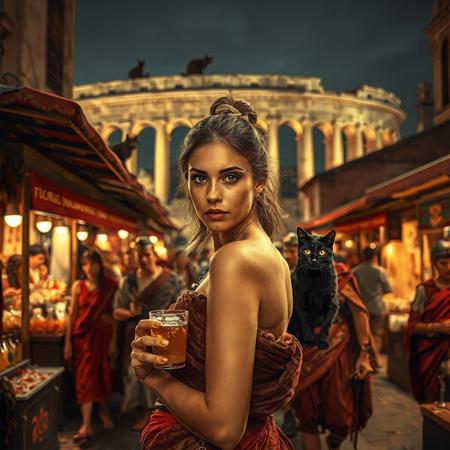 Setting is a 1st century Roman Empire market in Rome at night, the market is comprised of street vendors selling, food, weapons, and clothing. Everyone and everything in the image is appropriate for a scene from Ancient Rome, People wearing Roman clothing are walking through the street market shopping and eating, in the foreground is a merchant selling beverages and food at a market kiosk, (((a beautiful woman, 24 years old is standing in the foreground, the woman  facing the viewer with a cup of alcohol beverage in her hand. Her eyes are beautiful and focused on the viewer, she has an expression of interested curiosity))), Roman Soldiers are walking behind the beautiful woman, one of the solders turns to look at the beautiful woman with the cat, many people are walking by in the busy street market, the woman is dressed in high fashion Roman Empire clothing with an alluringly sexual, but traditional roman aesthetic. The woman's hair is elegantly tied up with a ribbon. Artistic ancient Roman aesthetic, dynamic perspective, (((overall architectural aesthetic is Ancient Rome in 1st Century Roman Empire era))).  Epic image that elicits a feeling of wonder and awe, Rome Coliseum Roman Forum architecture in background, a sleek black cat with red collar is visible sitting on a roof in the background,