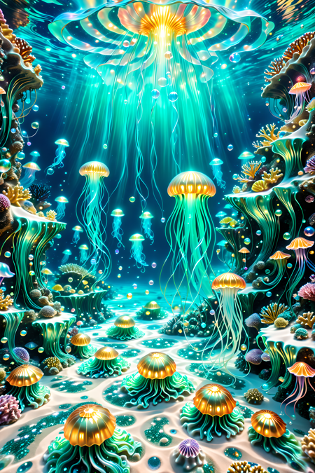 A surreal underwater realm where coral castles drip with glowing pearlescent syrup,jellyfish float like silk lanterns above a pearly sand floor,and luminous mermaids paint ocean currents with swirling trails of light and flowing pigments,magical realism,photoreal style,intricate lighting,
a jellyfish  made of l1qu1dp34rl,swimming in the ocean,psychedelic patterned,detailed and intricate pearlescent gold,underwater cavern,rocky outcrops,seaweed,spongebob,detailed and intricate patterns,harmonious palette,a magical and harmonious under water world,
pearlescent,flowing through bioluminescent coral reefs,iridescent bubbles rising in turquoise water,hyper-realistic translucency,pearlescent,
Masterpiece,best quality,hi res,8k,hi res,8k,award winning,(sharp focus, intricate, highly detailed),<lora:SDXLFaeTastic2400:0.4>,<lora:liquidpearlXL_r1:1>,<lora:TrendCraft_The_Peoples_Style_Detailer-v2.1A-3_12_2025-SDXL:0.8>