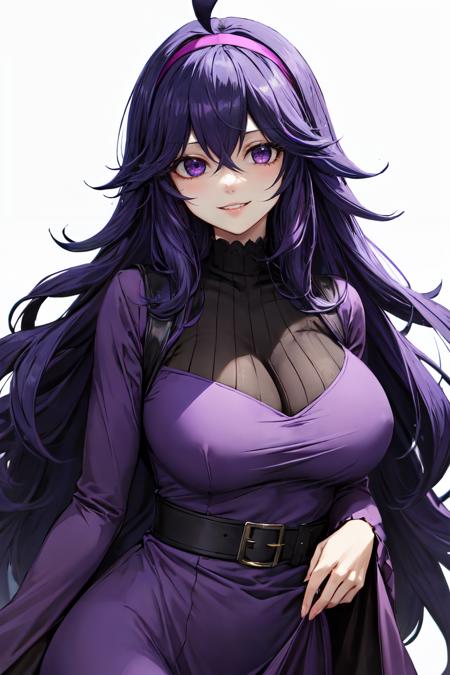 <lora:hex_maniac:1>hex maniac,1girl,solo, large breasts, purple hair,purple eyes, looking at viewer, upper body, purple dress, long dress, long sleeves, messy hair,long hair, parted lips, purple hairband,white background,ahoge,smile